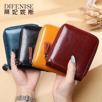 

HUGWISER Women Short Wallet Genuine Leather Zipper Multi-Function Driver License Men Wallet Delicate Unisex Preppy Style Vintage