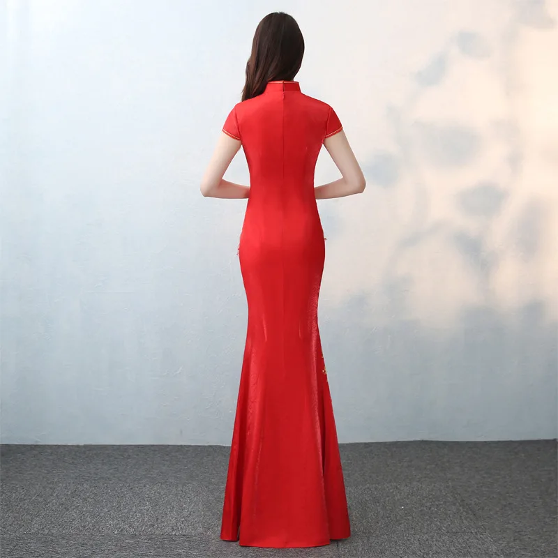 Элегантное длинное женское свадебное платье Qipao, сексуальное тонкое женское вечернее платье, изысканное блестящее платье с павлином