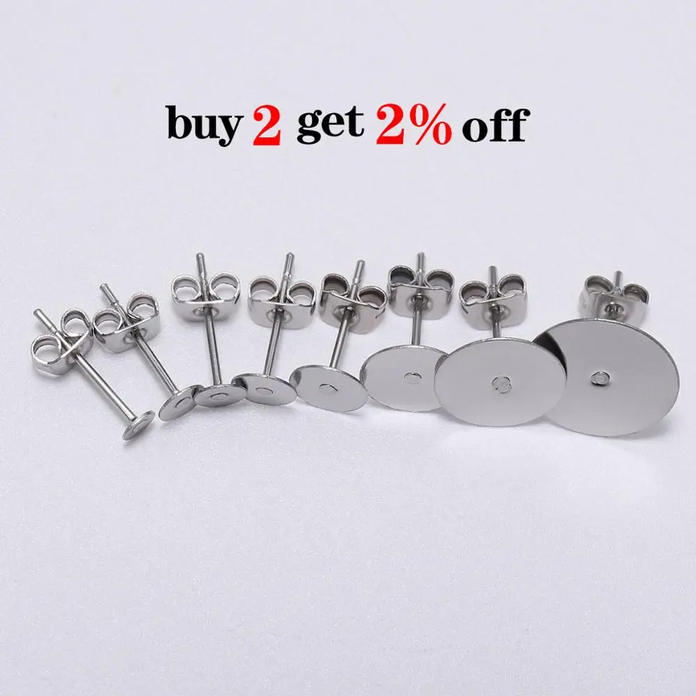 20-100pcs/lot Gold Stainless Steel Blank Post Earring Studs Base Pins With Earring Plug Findings Ear Back For DIY Jewelry Making