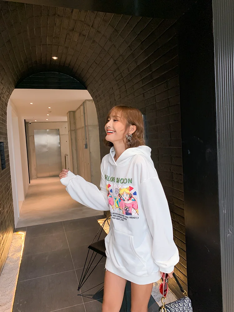 7mang Осенняя Женская мода уличная Толстовка с принтом Сейлор Мун Harajuku Мультяшные свитшоты с пайетками свободные длинные толстовки 0903