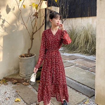 

Red Floral Dress Sexy Women Maxi Dress Female V-neck Long Sleeve Chiffon Ruffle Long Party Dresses
