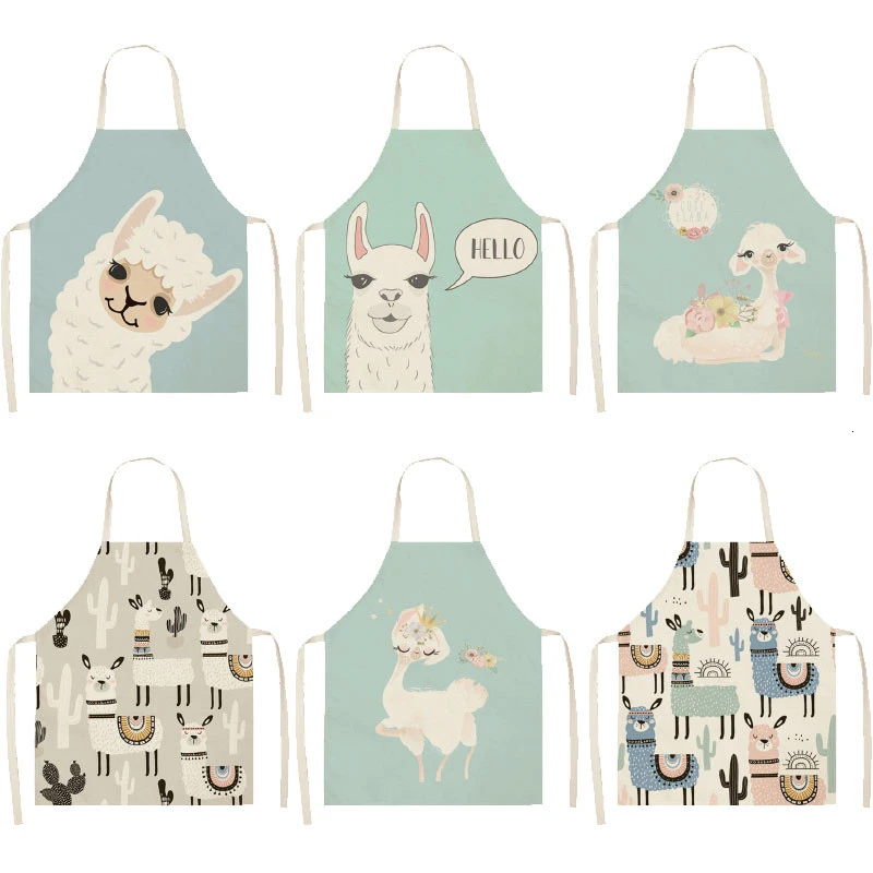 1PC Alpaca Cotton Sleeveless Aprons Cactus Linen Printed Kitchen Women Pinafore Home Cooking Baking Waist Bib 53*65cm WQL0149