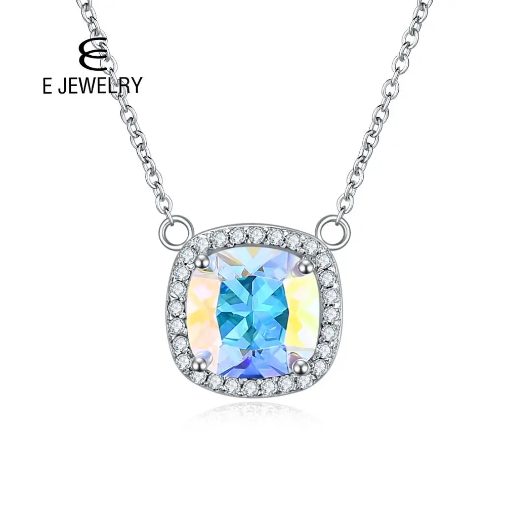 

E Jewelry 925 Sterling Silver Square Pendant Necklace for Women, Halo Gradient Color Gems, Rhodium Plated, Fine Jewelry GIfts