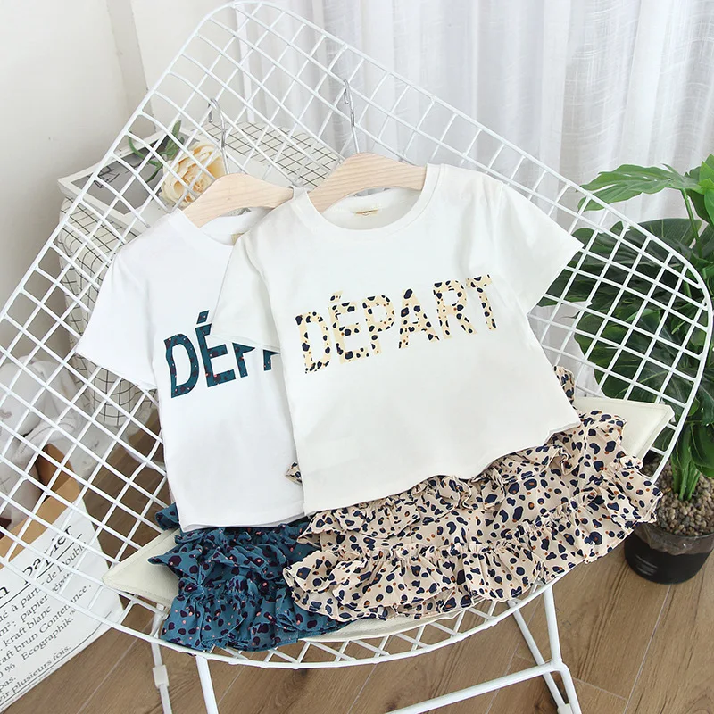 

2020 Girls Summer Leopord Clothing Set New Toddler Children Fashionable Lettered Short-sleeved T-shirt Skirt 2pcs Clothes Set