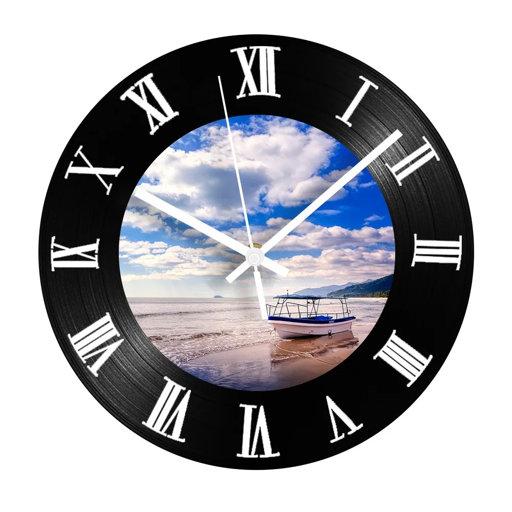 

Sea Boat Decorative Record Wall Clock Modern Design Silent Vinyl Record Clock for Kitchen Living Room Decor