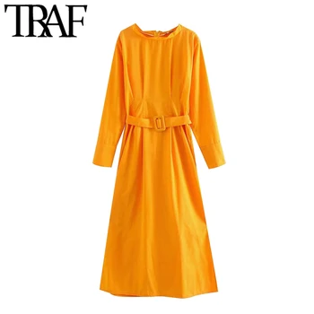 

TRAF Women Chic Fashion Office Wear With Belt Midi Dress Vintage High Collar Long Sleeve Female Dresses Vestidos Mujer