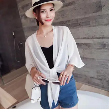 

Women Summer Cardigan Solid Color Sun Protection Thin Beach Shawl Chiffon Tops Casual Half Sleeve Holiday Sexy Perspective Top