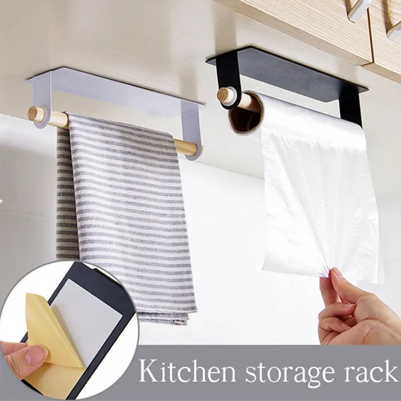 

New Wood And Metal Wall Bracket Fashion Towel Rack Holder Storage Box Rag Bracket Plastic Wrap Storage Rack Kitchen Accessorie