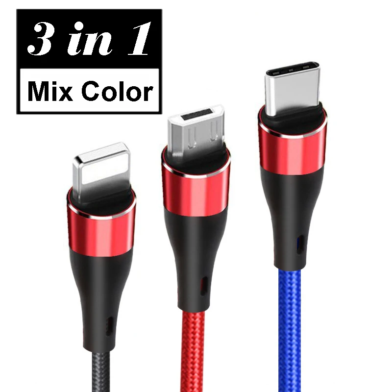 Mix Color 2.1A мобильный телефонный кабель 3 в 1 микро USB кабель Тип usb C кабель 8 Pin кабель для передачи данных для iPhone samsung Xiaomi для huawei USB шнур линия - Цвет: Mix Color