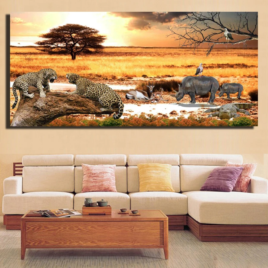 African Grassland Sunset Landscape Posters And Prints-Cheetah And Rhinoceros Paintings For Living Room Wall-Animals Pictures