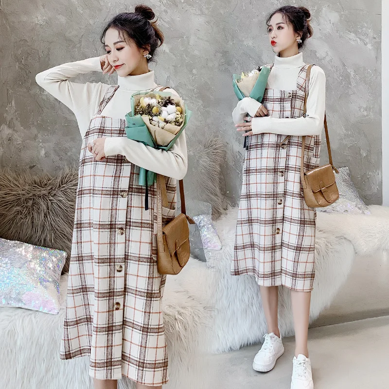 

9445# Autumn Winter Maternity Dress Suits High neck Knitted Shirts+ Plaid Tank Dress Sets Clothes for Pregnant Women Pregnancy