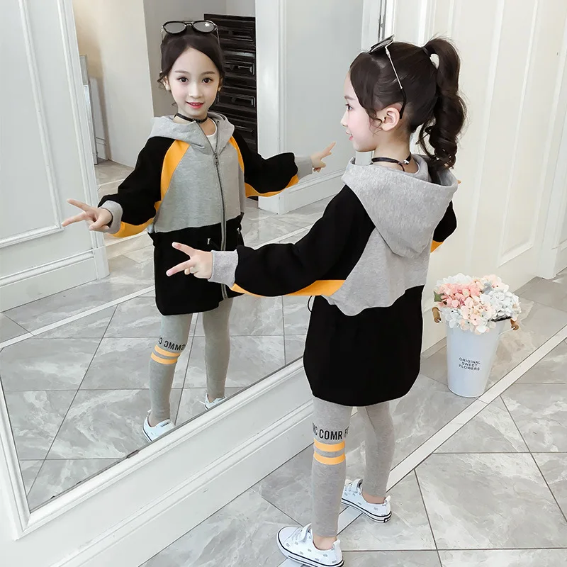 

Puckcovi Children set Velour zipper Active Kids suit Autumn Girls clothes waist-retrievable Hooded tops and Pants twin-set