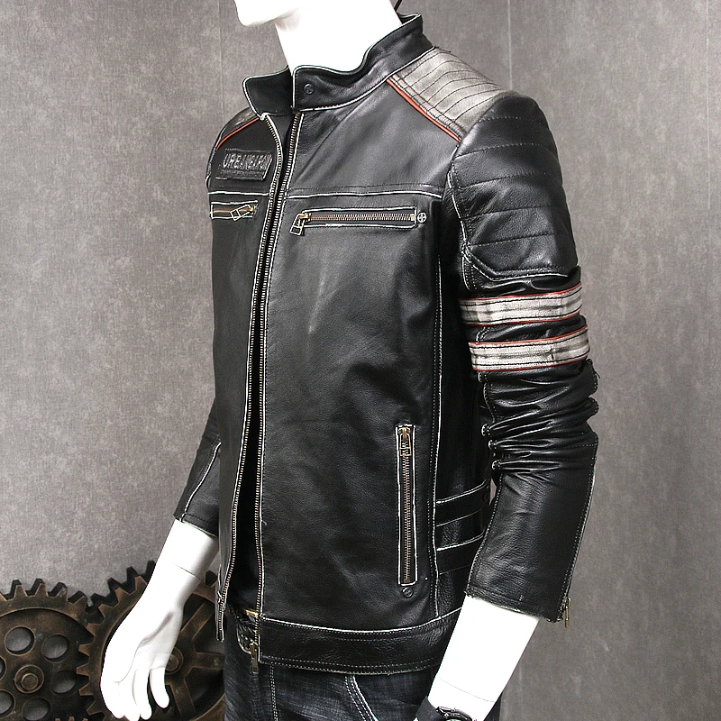 Vintage Black Men Skulls Embroidery Biker's Leather Jacket Plus Size XXXXL Genuine Cowhide Spring Slim Fit Leather Coat