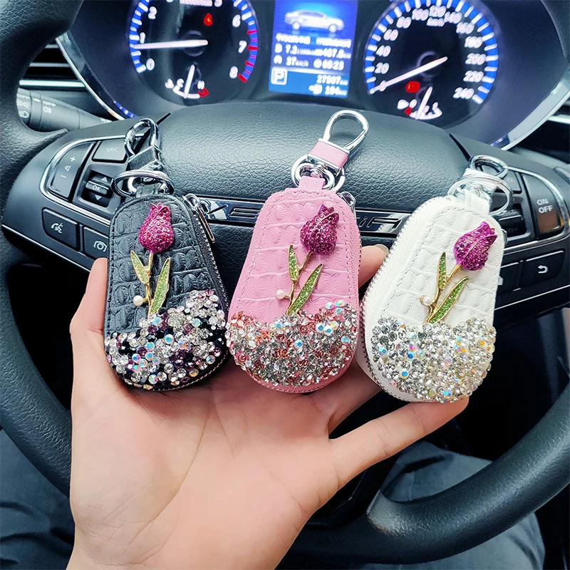 1 Pcs Bloem Autosleutel Houder Storage Case Crystal Diamond Sleutelhangers Key Cover Remote Key Bag Voor Bmw Lada Interieur accessoires