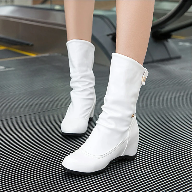Coolcept/новые модные сапоги до середины икры, Размеры 33-43 женские короткие плюшевые сапоги с круглым носком, сезон осень-зима Удобная Обувь на низком каблуке
