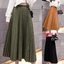 Осенняя Женская длинная Плиссированная Юбка Макси цвета металлик, серебристый цвет, высокая талия, эластичная повседневная юбка, Женская плиссированная эластичная длинная юбка