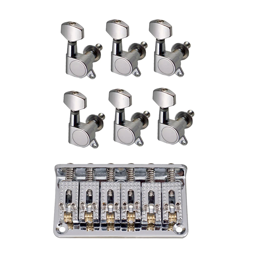 Chrome 6 String Guitar Hardtail Bridge Top Load+6R Tuning Pegs Tuners for Electric Guitar