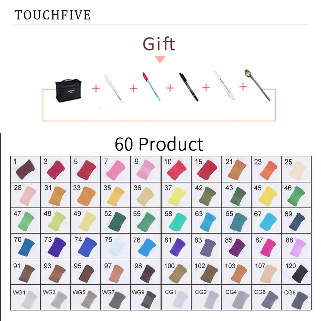 60 PRODUCT TouchFIVE 20 Вт, 30 Вт/40/60/80 цветные маркеры манга чертежные Маркеры Ручка на спиртовой основе эскиз жирной двойной кисть товары для рукоделия - Цвет: 60 PRODUCT