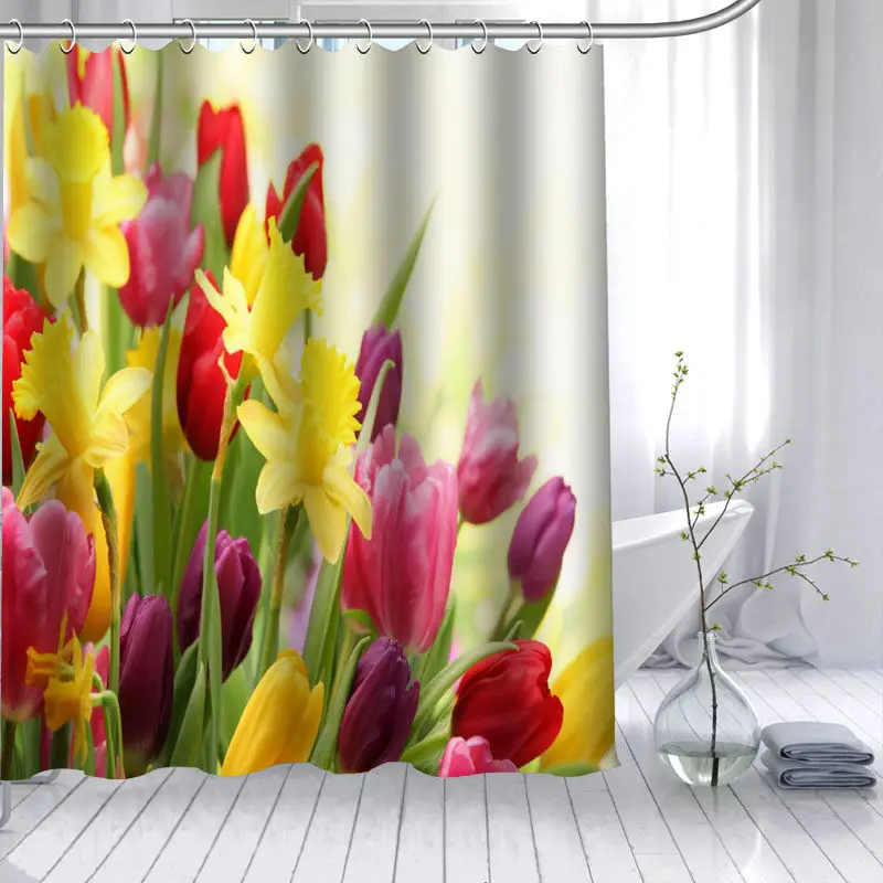 New Arrival Tulips Flower Shower Curtain Polyester Fabric High Defintion Print Bathroom Curtain Waterproof 12 Hook Bath Curtain - Color: 1