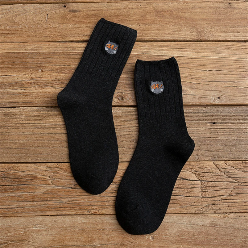 Cartoon Cat Embroidery New Cotton Short Socks Fashion Japanese Solid Color Concise Women Sock Spring Autumn Winter Cute Socks