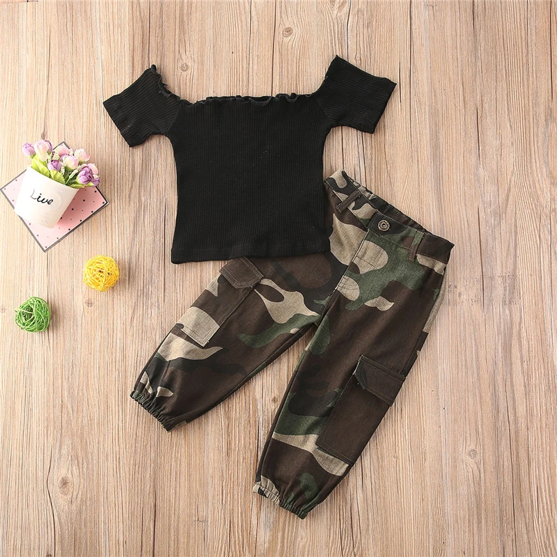 Kids Clothing Set, Kids T Shirt, Girls Clothing Set 1-6Y Fashion Kids Baby Girl Clothing Girl Outfits Black Short Sleeve Off Shoulder T-shirt Tops+Camouflage Pants Outfit 2pcs