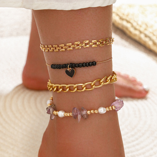 Fashion Key Charm Chain Anklet For Women Boho Heart Ankle Bracelet Set on Leg Beach Foot Jewelry Gift