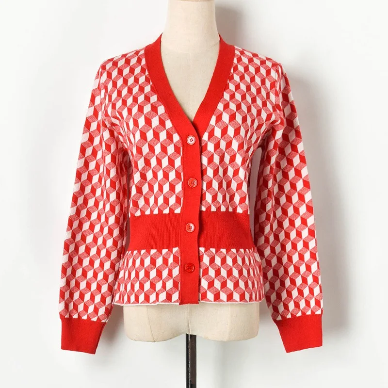 

Designer Runway Women 2019 Red Soring Autumn Sweater Geometric Coats Cardigan Knitted Single-breasted Collar High Street Outwear