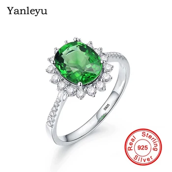 

Yanleyu Princess Diana Wedding Ring Real 925 Sterling Silver with Green Zircon CZ Stone Engagement Rings for Women Gift PR366