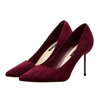 

Spring and autumn pointed stiletto women's shoes frosted wine red wild high heels nude color plated with shallow mouth shoes