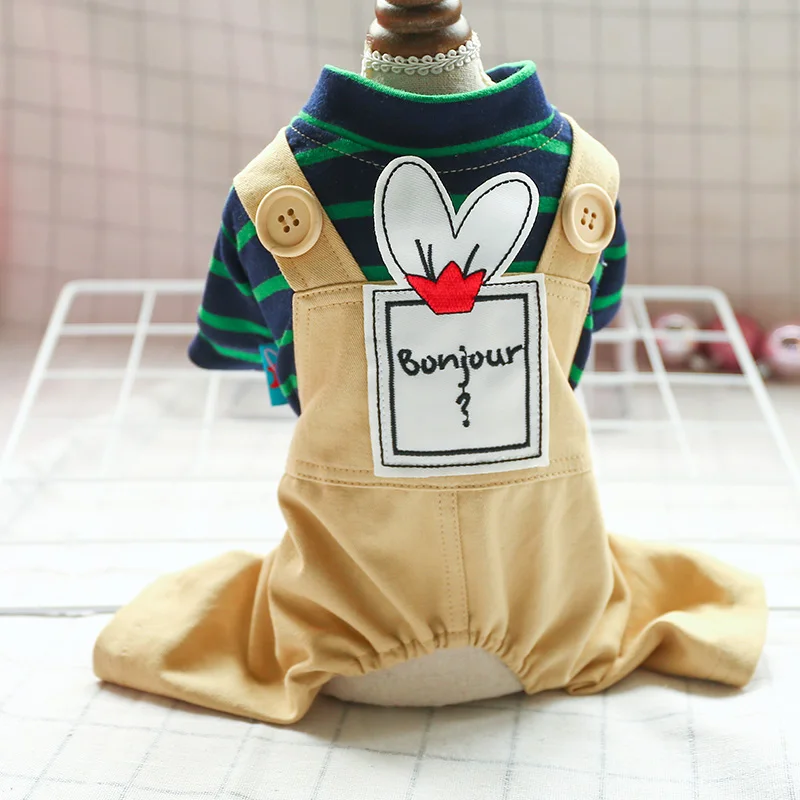 

Sling Jumpsuit Pet Clothes Spring Summer Cotton Stripe Dog Clothing For Small Dogs Rabbit Ears Yorkshire Overalls Cats Costumes