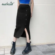 SUCHCUTE вязаные юбки для женщин Modis с разрезом однотонная длинная юбка весна с пуговицами повседневная одежда для рождественских вечеринок