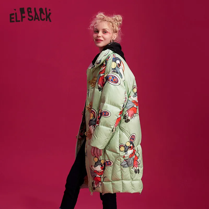 ELFSACK, зеленый, с принтом крысы, корейский стиль, теплый пуховик для женщин, зима, новинка, прямая, на завязках, повседневная, офисная, женская верхняя одежда