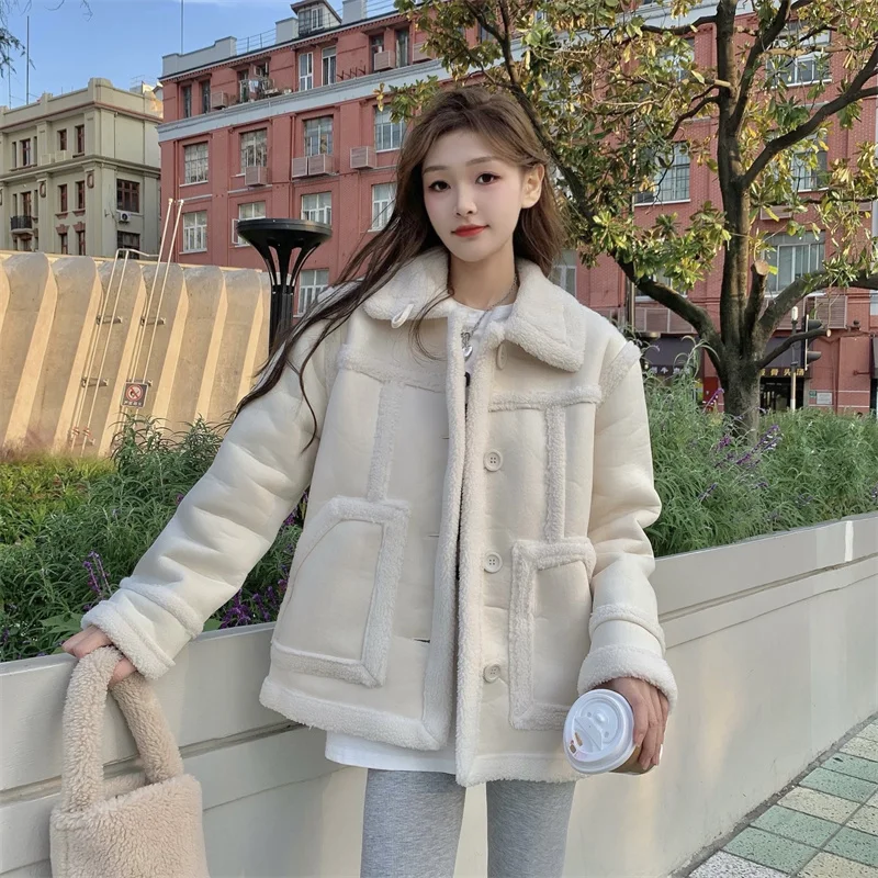 women's clothing han edition ~ winter loose woman with thick fur one imitation lambs wool cotton-padded jacket coat maxi puffer coat womens