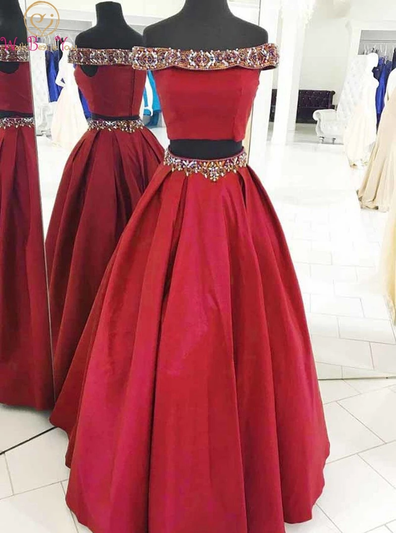 

Red Beading Two Pieces Evening Dresses 2019 New Boat Neck Off The Shoulder Formal Party Long Crystal reflective Satin Prom Gowns