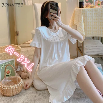 

Nightgowns Women Turn-down Collar Ruffles Bow Large Size 3XL Korean Sweet Girls Sleepshirt Kawaii Princess Loose Fashion Leisure