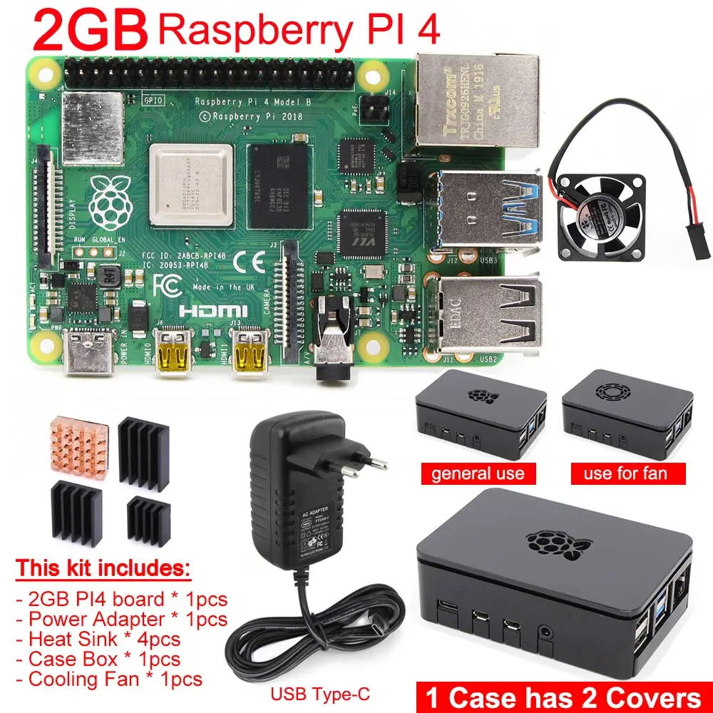 2GB kit 1 Оригинальная модель Raspberry Pi 4B PI 4B 1 ГБ/2 ГБ/4 Гб комплект: плата+ теплоотвод+ адаптер питания+ чехол+ 32 Гб SD+ HDMI кабель - Комплект: 2GB kit 1