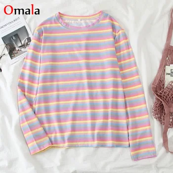 

spring autumn fashion Rainbow stripes t shirt long Sleeve casual loose Tshirt korean ulzzang Women T-shirts 90s girl pink tops