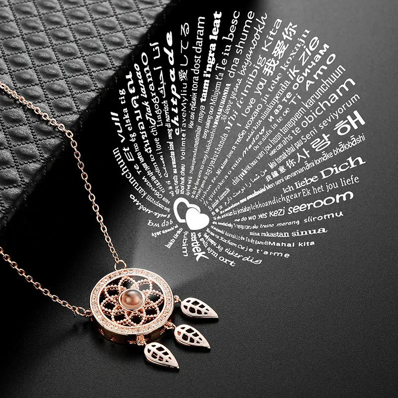 

Fashion Rhinestone Statement Necklace For Women Pendent Necklaces 100 Languages Projection I Lover You Gold Chain Necklace