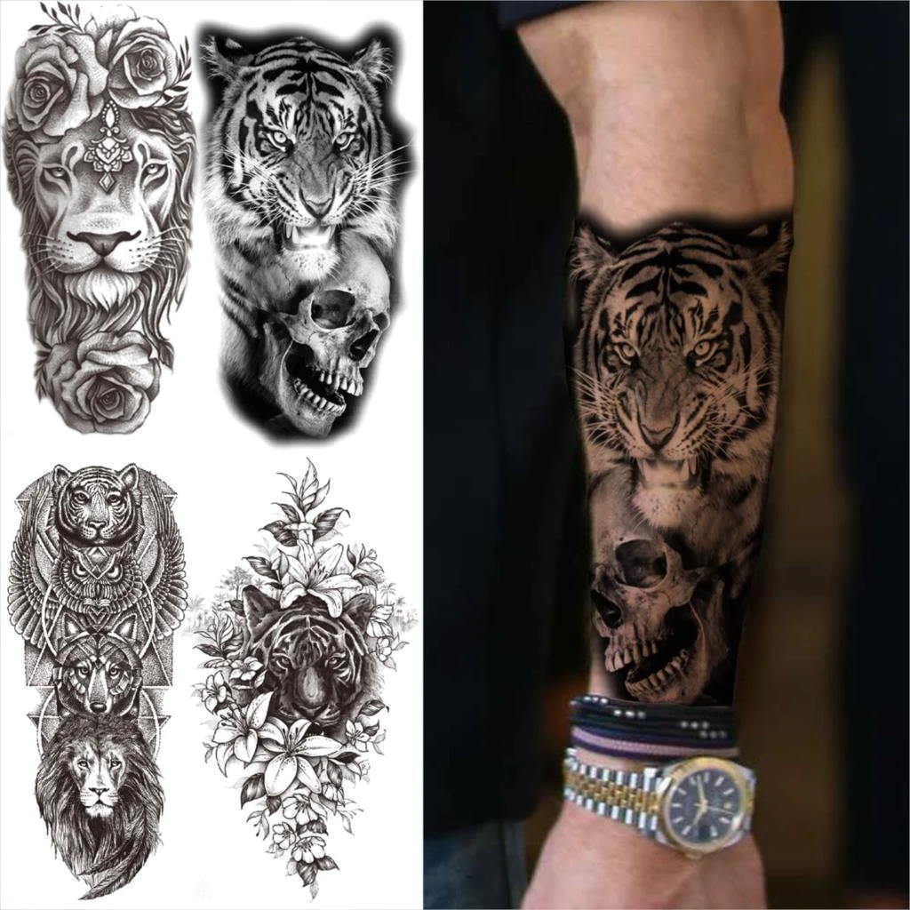 Tatouage Tigre Avant Bras Homme Faux tatouages temporaires, crâne de tigre, démon, avant bras, pour hommes  et femmes adultes, Lion, Rose, hibou, autocollants uniques à demi manches |  AliExpress