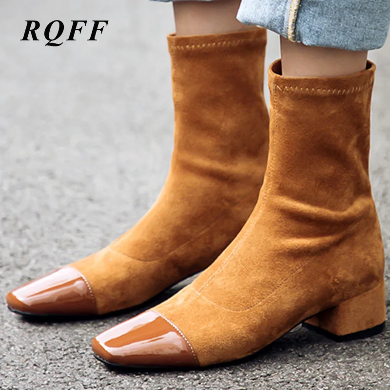 

2019-2020 Autumn Ankle Boots Women New Winter Plus Size 42 43 Med Heel Shoes Slip-on Square Toe Fashion Shoes Ladies Brown Flock
