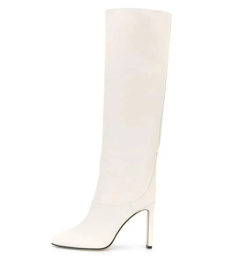 White no buckle Fashion Boots Women Elegant Square Toe Slim Knee High Slip On Bottes Concise Solid Chunky Square High Heel Boots Woman 43 - Color: White no buckle
