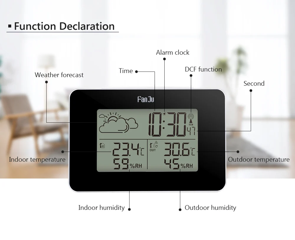 FanJu FJ3364 Метеостанция цифровые часы беспроводной термометр гигрометр сенсор светодиодный Будильник Повтор Настольные часы инструменты DCF