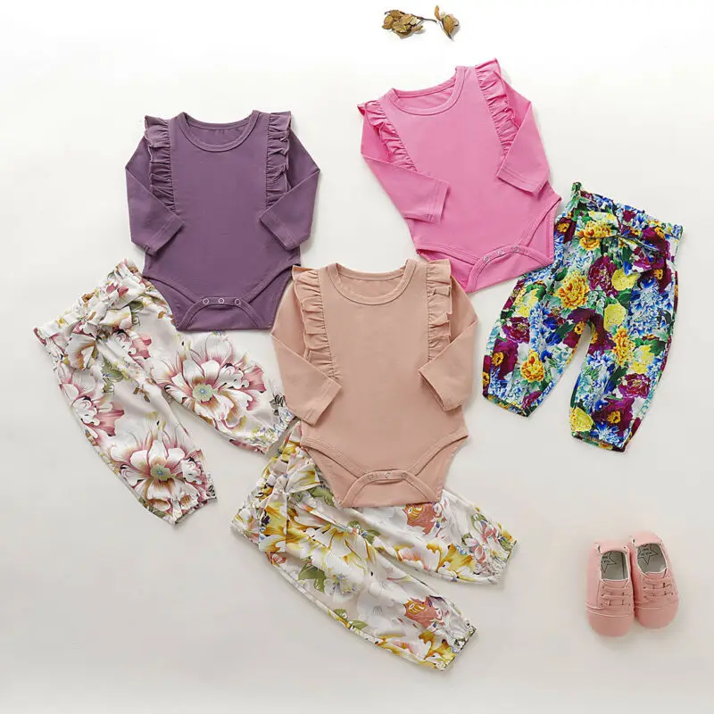 

2PCS Toddler Baby Girls Clothes Sets Autumn Solid Long Sleeve Tops Bow Floral Pants 2pcs Outfits Cotton