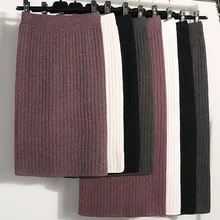 Осенне-зимняя женская длинная юбка с эластичной резинкой на талии, теплая трикотажная прямая тонкая Элегантная черная юбка-карандаш faldas jupe femme