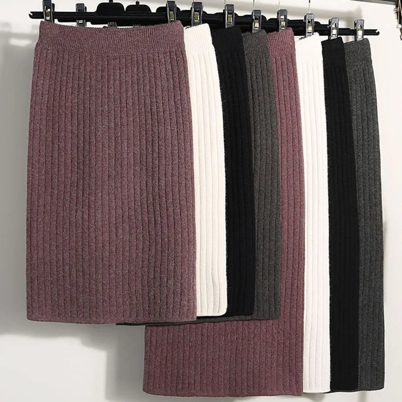 

2019 Autumn Winter Women Long Skirt Elastic Waist Warm Knitted Straight Slim Elegant Black Pencil Skirts faldas jupe femme
