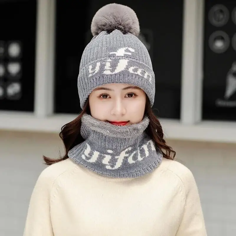 COKK зимняя шапка шарф набор женский 7 цветов вязаная шапка шарф Набор теплая шерстяная шапка шарфы зимние уличные аксессуары защита ушей - Цвет: gray