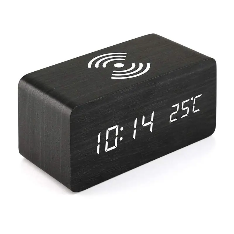 

Wooden Alarm Clock With Qi Wireless Charging Pad Compatible With For Iphone Samsung Wood Led Digital Clock Sound Control Functio