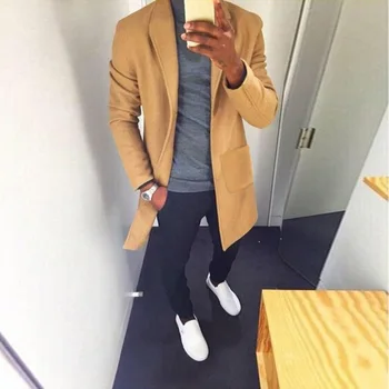 

2020autumn and winter new men's windbreaker mid-length solid color lapel single-breasted jacket trench coat overcoat windcheater