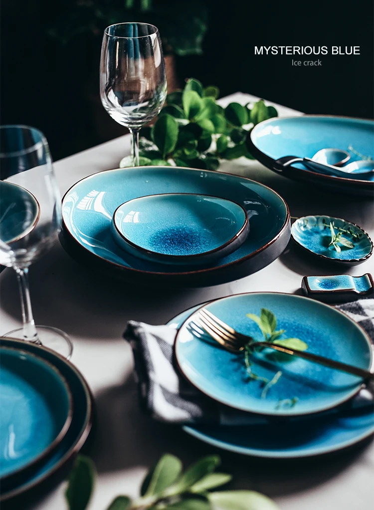 Crack Glaze Ceramic Dinnerware Japanese Ice Cracking Tableware Household Dishes Set Bowl Plate Dish Rice Bowls Steamed Fish Dishes Porcelain Blue Trend Japan Dinner Plates Sets