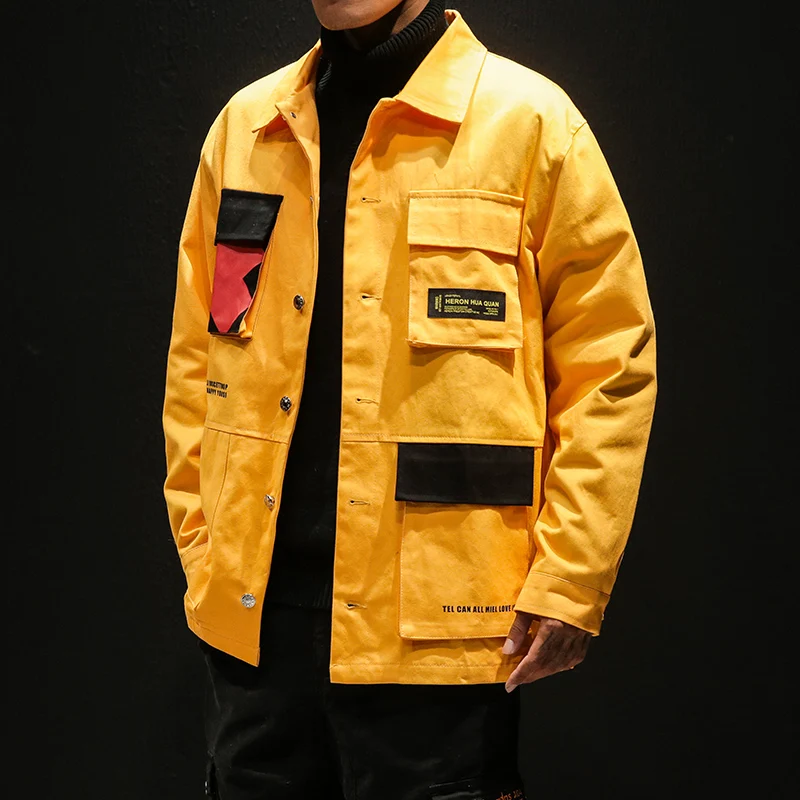 

2019 Fashion Big Pocket Patchwork Men's Yellow Cotton Jackets Coats Zipper M-5XL Oversize Autumn Casual Streetwear Outerwear